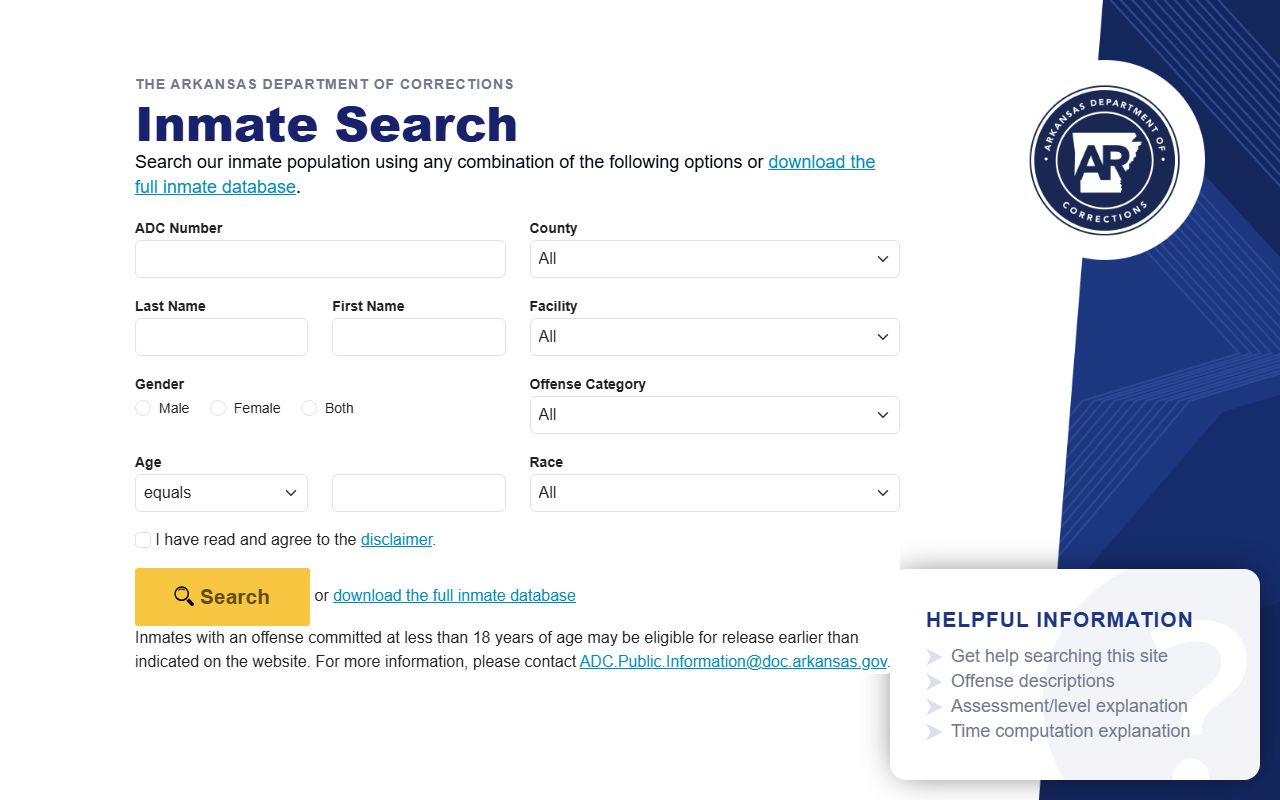 Arkansas DOC inmate search fields for Craighead County state inmate lookup
