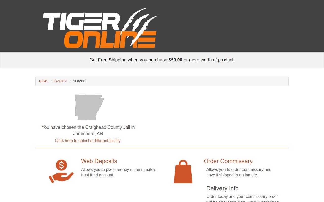 Craighead County Detention Center Tiger Commissary deposit page